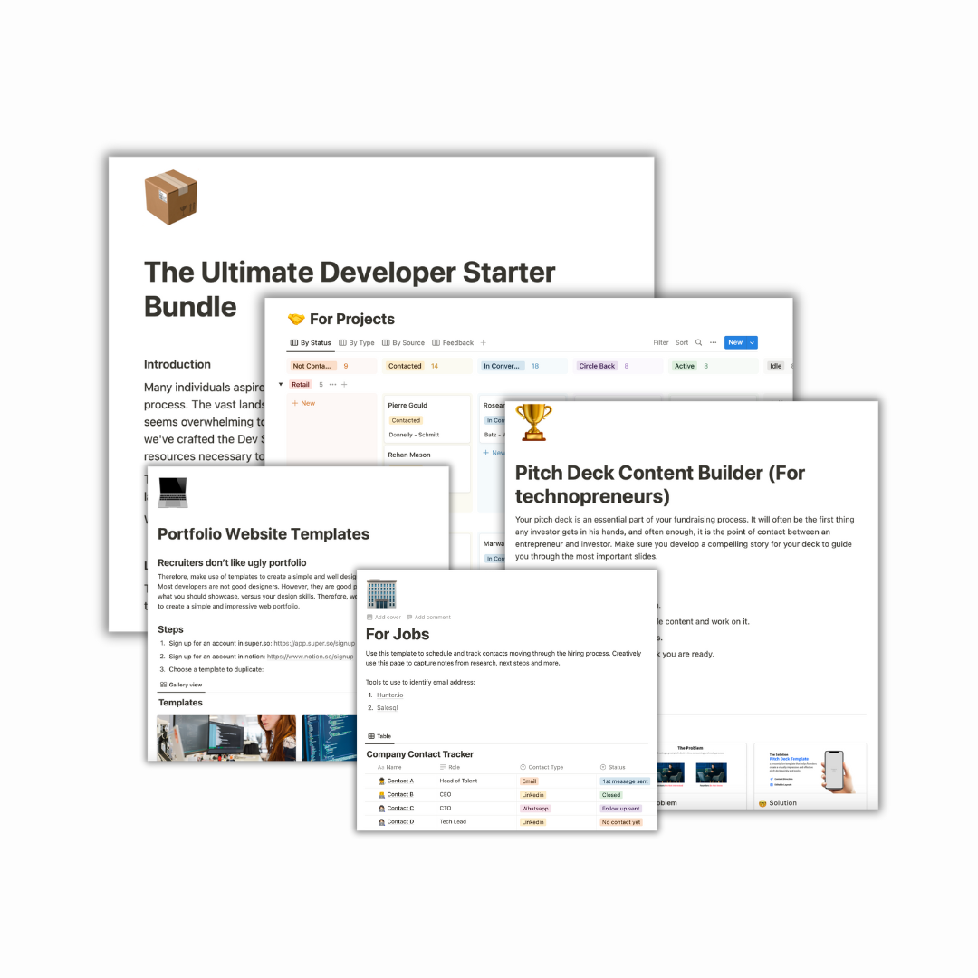 Collage of templates and tools from Sigma School's Developer Ultimate Starter Bundle, featuring portfolio website templates, project management trackers, pitch deck builders, and job application tools, all designed to help students in their tech career