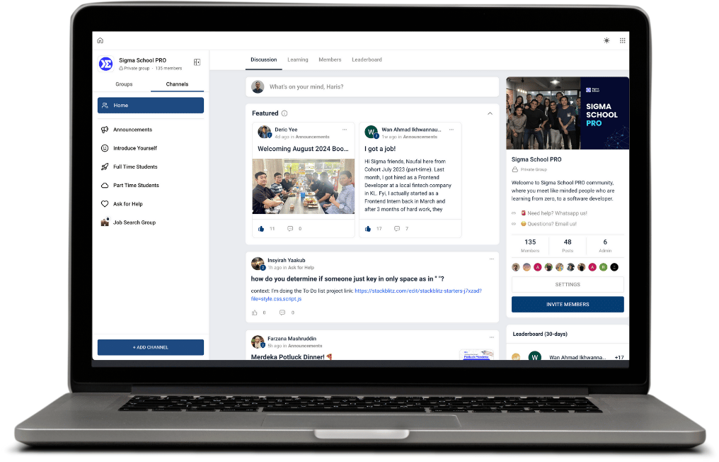 Screenshot of Sigma School's PRO membership platform on a laptop, highlighting an exclusive community where students can connect with peers, alumni, and senior students to share insights, advice, and achievements while progressing through their coding journey