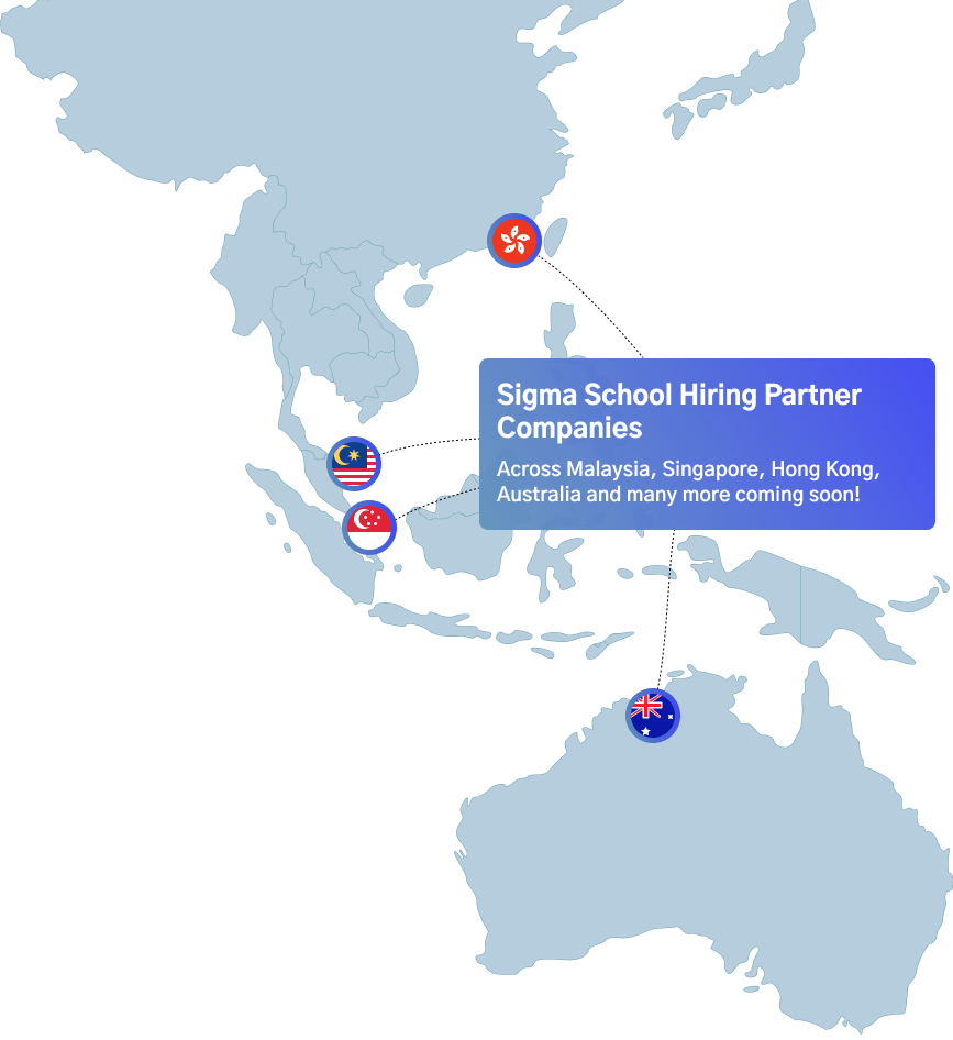 A map of Southeast Asia showing Sigma School's hiring partner companies in Malaysia, Singapore, Hong Kong, and Australia.